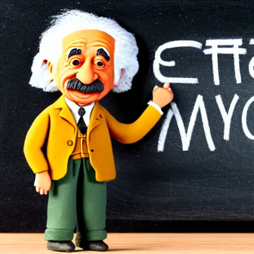 Prompt: claymation miniature scene of albert einstein standing in front of miniature blackboard writing lots of mathematical formulas with chalk, anatomically correct, hands retouched
