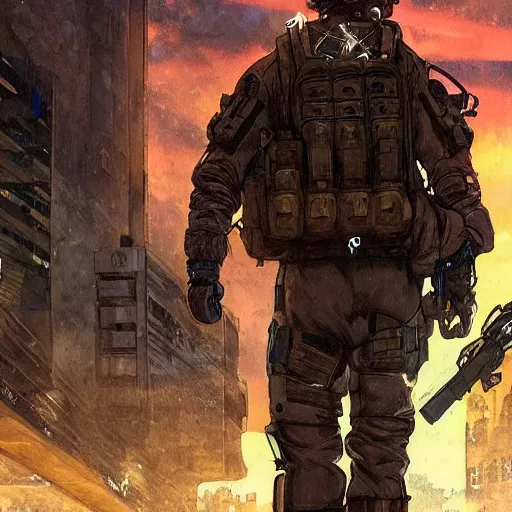 Image similar to Hector. USN special forces futuristic recon operator, cyberpunk headset, on patrol in the Australian neutral zone, deserted city landscape, skyline lit by flares. 2087. Concept art by James Gurney and Alphonso Mucha