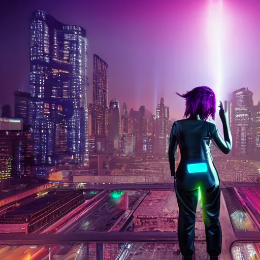 Image similar to highres photo portrait of cyberpunk girl standing on a rooftop, short purple hair with undercut, realistic body shape, wearing long leather trenchcoat and black cargo pants. night time, neon cityscape background, flying blimp with searchlights shining in the distance. 8 k high resolution