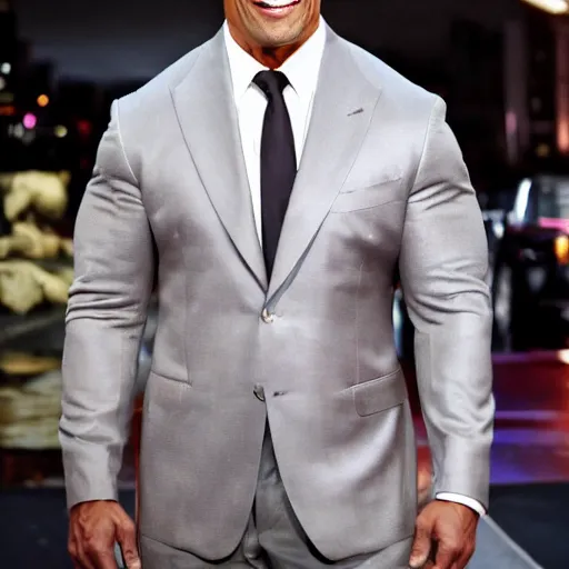 Prompt: dwayne the rock johnson wearing a expensive suit made entirly of gold walking down the run way, 3 5 mm, paparazzi photo, dazzling lights, dramatic lighting, photorealistic, cinematic scene, super detailed, hyper realistic, bright lights