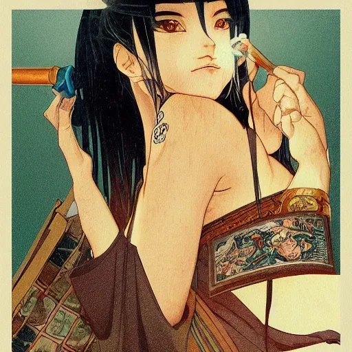 Image similar to fox, smoking wooden pipe, kumadori makeup, inside japanese temple, national geographic, anime style, symmetrical facial features, avatar for website, hyper realistic, rule of thirds, extreme detail, 4 k, detailed drawing, trending artstation, realistic lighting, by alphonse mucha, greg rutkowski, sharp focus, backlit