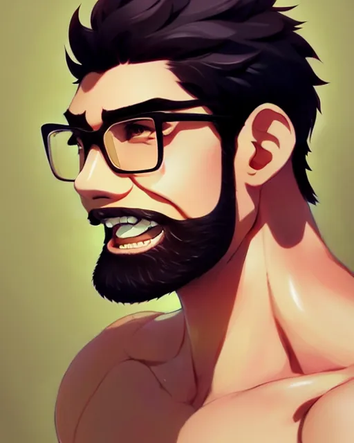 Prompt: a buff smiling man, short undercut brown hair, beard, glasses, bushy eyebrows, portrait shinkai makoto studio ghibli studio key hideaki anno sakimichan stanley artgerm lau rossdraws james jean marc simonetti elegant highly detailed digital painting artstation pixiv