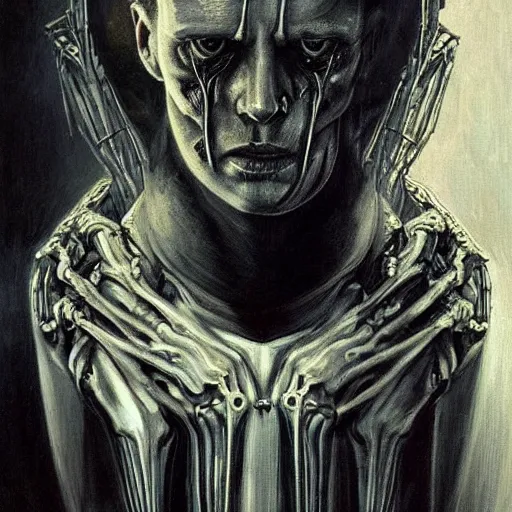 Image similar to surreal portrait of a man by Greg Rutkowski and H.R Giger, symmetrical face, he is about 30 years old, west slav features, short blonde hair with bangs, attractive, smart looking, slim, somewhat androgenic, transformed into a kind of biomechanical transhuman god, disturbing, terrifying but fascinating, with a determined and sinister expression on his face, cosmic void background, frightening, fascinating, highly detailed portrait, digital painting, book cover, artstation, concept art, smooth, sharp foccus ilustration, Artstation HQ