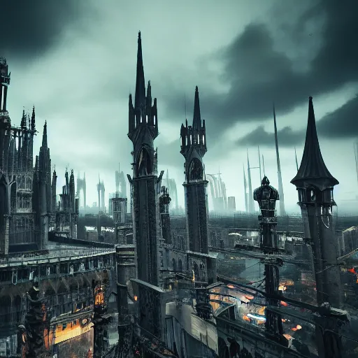 Image similar to octane render of a gothic city with an overcast sky, tall spires, steampunk, cyberpunk, high - definition, trending on artstation, alienating, imposing, imperious, malevolent, moody, landscape, distant, vast, cityscape, skyline, neon, glowing, flying vehicles, long shot, timelapse