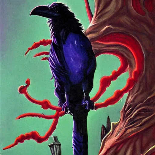 Image similar to fantasy painting of a raven by dr seuss | horror themed | creepy