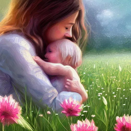 Prompt: A mother and child in a field of flowers, serene, digital painting, artstation, close up, details, sharp focus, illustration, By Ross draws