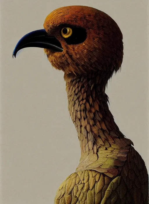 Prompt: rpg! profile! portrait of humanoid bird on white background, beak, feathers, intricate, highly detailed, digital painting, artstation, concept art, smooth, sharp focus, illustration, art by norman rockwell emiliano ponzi andrey remnev yoann lossel john currin aaron jasinski ivan albright hsiao - ron cheng, 8 k