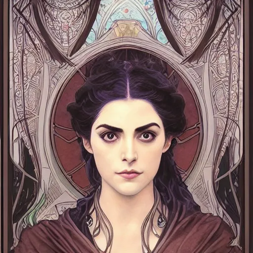 Prompt: masterpiece head-on symmetrical centered bust-view portrait, Maya Ali as D&D sorcerer, Art Nouveau style, wizard robe, fantasy, air brush shading, delicate, elegant, in the style of Greg Rutkowski and Moebius and Mohrbacher and ROSSDRAWS and Ross Tran and Alphonse Mucha and Ayami Kojima and Charlie Bowater and Jean Delville, Pixar, Maya engine, splash comics, tarot card style, Art Nouveau, rich bright colours