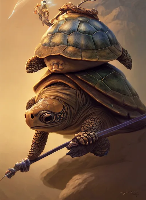 Image similar to cute wise sage turtle holding a staff, wearing a cloak, subsurface scattering, by jesper ejsing, justin gerard, tomasz alen kopera, cgsociety and fenghua zhong, highly detailed, rim light, cinematic lighting, illustration, art, octane render, very coherent, cinematic, hyper realism, high detail, octane render, 8 k