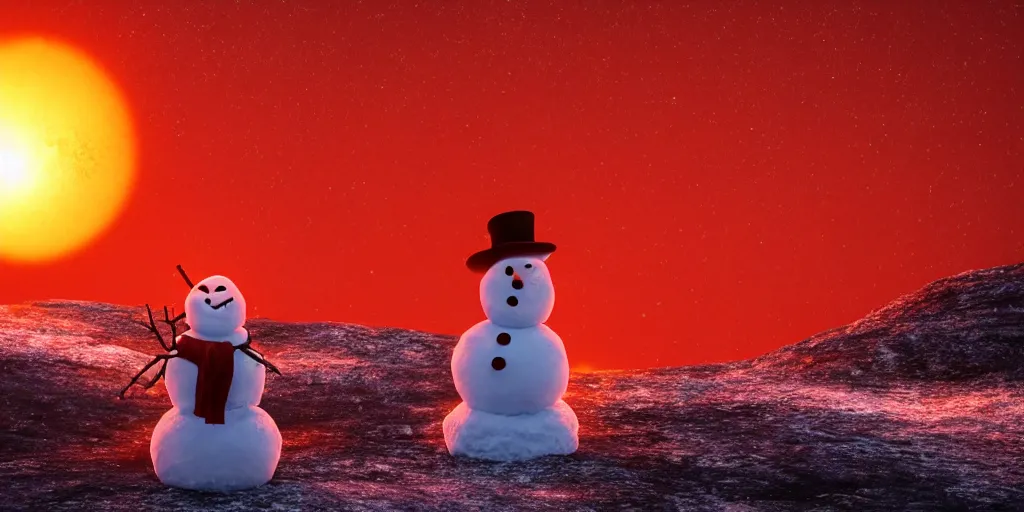 Image similar to a snowman standing on top of the sun. the ground is made of fire and lava and is glowing orange. cinematic, dramatic, volumetric lighting, atmospheric, red, orange extremely coherent, 8 k, space