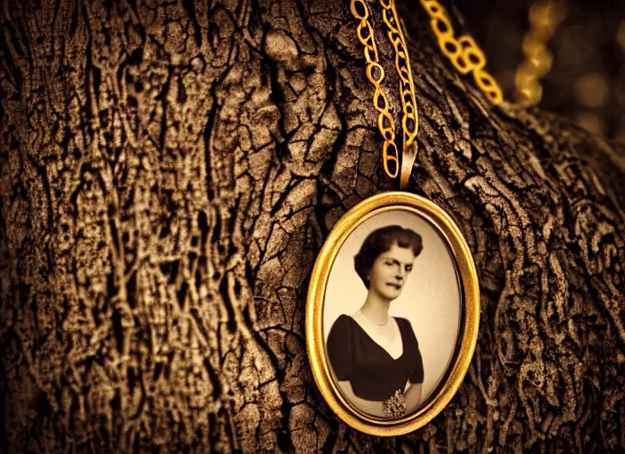 Prompt: old retro burnt out sepia photograph with scratches of a golden necklace with a hanging tiny slim open oval rusty golden locket pendant with a retro photo of an elegant and aesthetic woman royalty portrait. Hanging off a branch in forest with bokeh. Antique. High quality 8k. Intricate. Sony a7r iv 35mm. Award winning