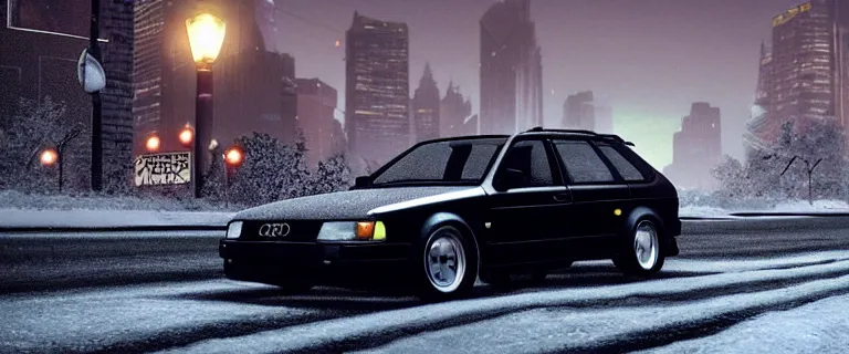 Prompt: Audi RS 2 Avant (1995), black car, a gritty neo-noir, dramatic lighting, cinematic, establishing shot, extremely high detail, photorealistic, cinematic lighting, artstation, by simon stalenhag, Max Payne (PC) (2001) winter new york