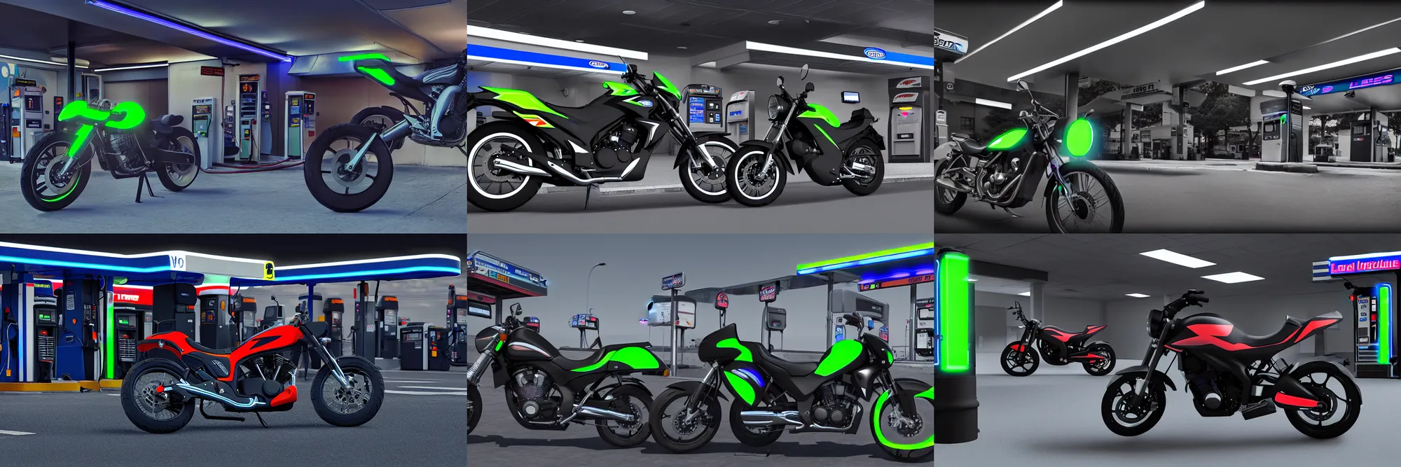 Prompt: motorcycle parked at a gas station with neon highlights, realistic, v-ray render, unreal engine, 8k, ultra realistic