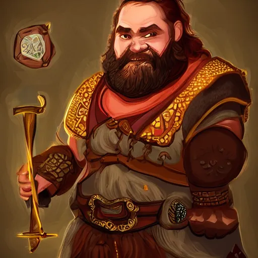 Image similar to dwarven male bard in a tavern, d & d style, trending on artstation, colorful, intricate, art by kev chan