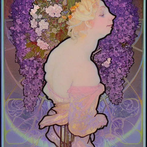 Image similar to lilac hair goddess of light through hydrangeas flowers, soft rose and dried petals, alphonse mucha style, painterly, highly detailed, 8 k,