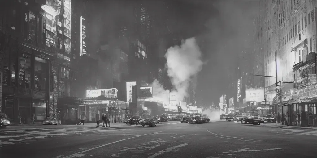 Image similar to a high resolution photo of a new york street at night surrounded with smoke and cars with bright headlights by joel meyerowitz and ansel adams, realistic photo, leica, magnum award winning photograph, parallax photography,