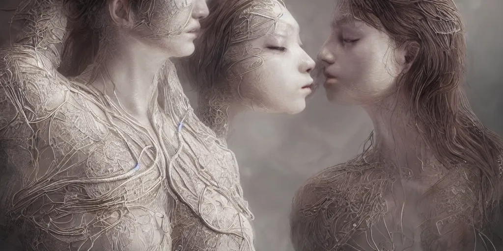 Image similar to hyperrealistic photography of a stunningly cyborg female, intimate,, kissing, delicate threads, in the style of beth cavener, jin kagetsu,, and wlop, highly detailed, intricate filigree, chrome face symmetry, masterpiece, award - winning, sharp focus, concept art, high key, ambient lighting, 8 k, octane render, artstation