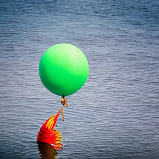 Image similar to a fish floating away from the sea tied to a ballon