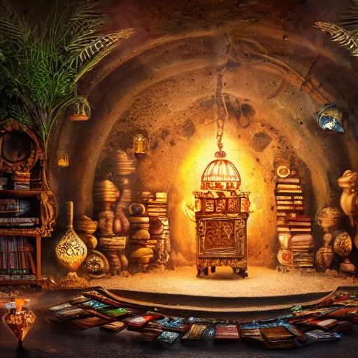 Prompt: epic view of an ancient dark byzantine cave interior, ornate oil lamp on a pile of crystals, books covered in jewels, ornate, surrounded by strange statues and treasure, full of sand and glitter, hyper real, Indiana Jones, Tomb Raider, trending on artstation, concept art, cinematic, jewels, hyperrealistic