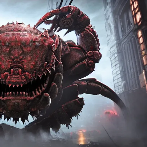 Image similar to evil large crab monster in gears of war, splash art, movie still, detailed face, photorealistic facial features, cinematic lighting, dramatic, octane render, long lens, shallow depth of field, bokeh, anamorphic lens flare, 8 k, hyper detailed, 3 5 mm film grain