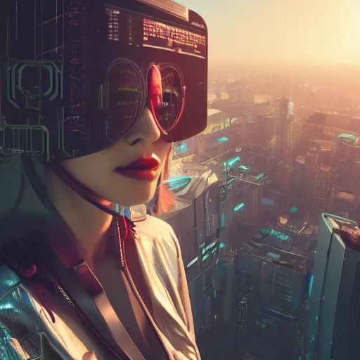 Image similar to portrait of a young cyberpunk woman on top of a building overlooking a city, a view from behind, intricate artwork by tooth wu and wlop and beeple, octane render, hyper realism, 8 k