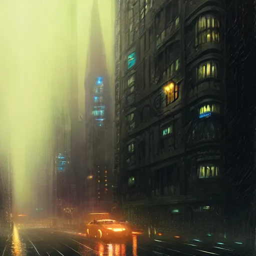 Image similar to nighttime in gotham city, a spaceship flies down the street, wet pavement, street level view, light mist, fantasy, intricate, elegant, digital painting, trending on artstation, concept art, soft focus, illustration by greg rutkowski, Gaston Bussiere and peter elson, 4k.