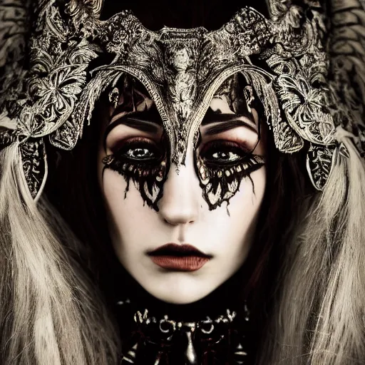 Image similar to a portrait of female model by stefan geselle, photorealistic, intricate details, hyper realistic, dark fantasy, ornate headpiece, dark beauty, photorealistic, canon r 3, photography, wide shot, photography, dark beauty