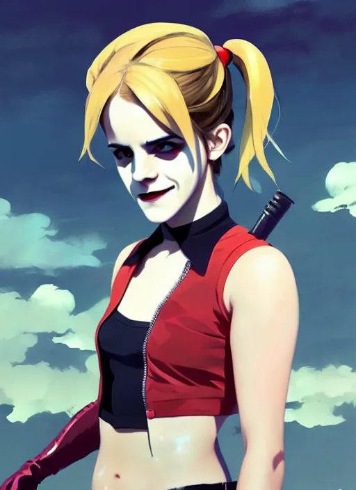 Prompt: portrait of emma watson as harley quinn, cloudy sky background lush landscape illustration concept art anime key visual trending pixiv fanbox by wlop and greg rutkowski and makoto shinkai and studio ghibli