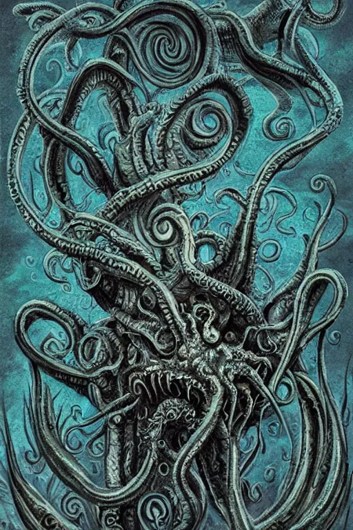 Prompt: ancient eldritch horror cthulhu, concept art, digital art, tarot card, highly detailed, ornate border, in the style of dungeons and dragons - n 9