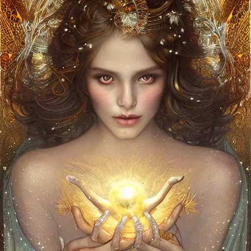 Prompt: Beautiful Delicate Detailed portrait of sun summer woman, With Magical golden eyes by Tom Bagshaw, Bastien Lecouffe Deharme, Erik Johansson, Amanda Sage, Alex Grey, Alphonse Mucha, Harry Clarke, Josephine Wall and Pino Daeni, Delicate winter frozen creature With long golden Hair and Magical Sparkling Eyes, Magic Particles; Magic Swirls, in a out of this world magical summer landscape, 4K; 64 megapixels; 8K resolution concept art; detailed painting; digital illustration; hyperrealism; trending on Artstation; Unreal Engine Photorealistic, lifelike, Unreal Engine, sharp, sharpness, detailed, 8K