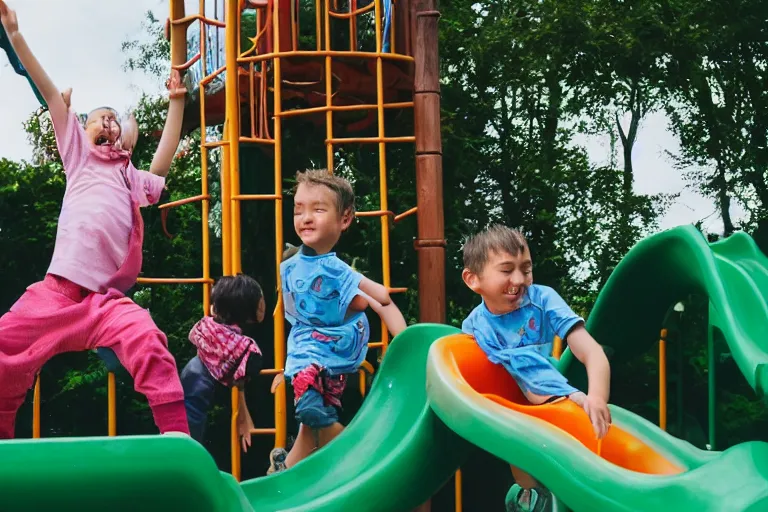 Image similar to photo of grogu going down a slide at a children’s playground, his arms are in the air and he’s smiling, shallow depth of field, Nikon 50mm f/1.8G,