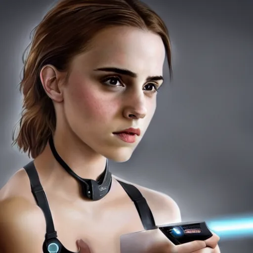 Image similar to a girl who is a mix of emma watson and scarlett johansson and nathalie portman, using a device to connect herself to a computer through an usb cable and a port in her arm, cables, it, very detailled, by david rutkowski and artgem