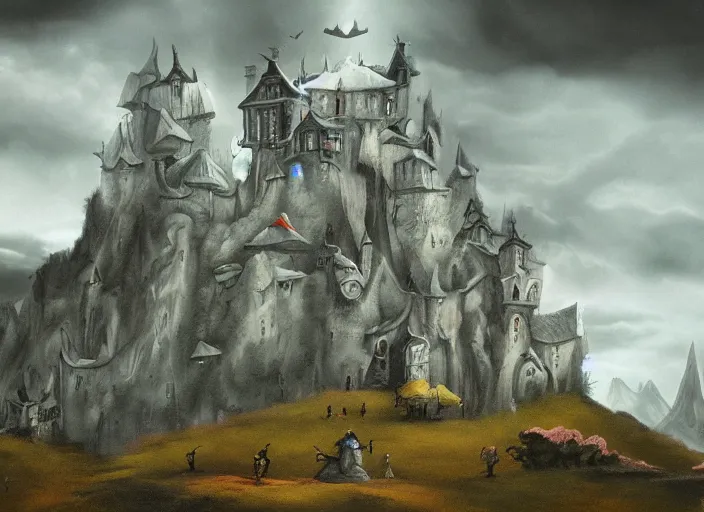 Prompt: The Elf King's castle on a mountain under a stormy sky, style of Leonora Carrington, trending on ArtStation