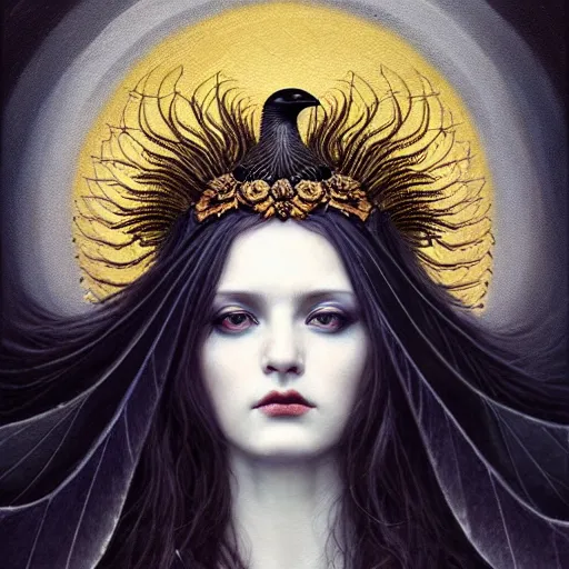 Image similar to young goddess of crows, unusual sublime beauty, emotionally evoking symbolic metaphors, head in focus, fantasy, ornamental, intricate, elegant, sensual, highly detailed digital painting, artstation, concept art, painterly, golden ratio, sharp focus, illustration, art by John Collier and Krenz Cushart and Artem Demura and and Greg Rutkowski and Alphonse Mucha and Albert Aublet