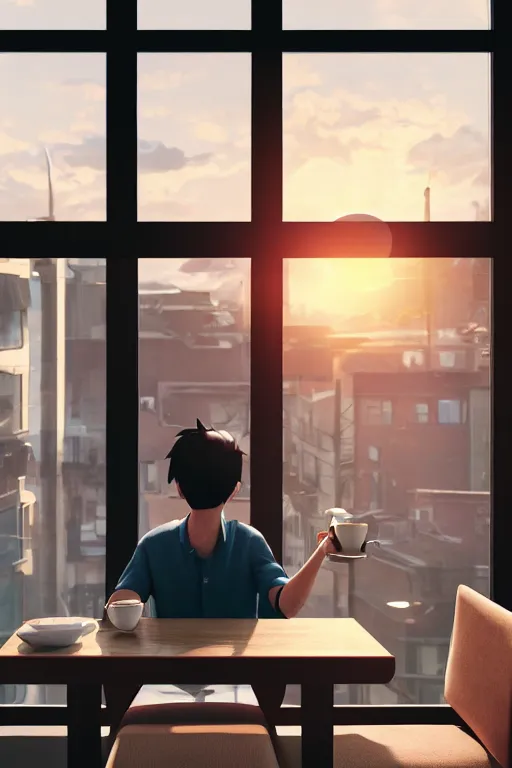 Image similar to a man sitting on a café table mext to a window and holding a cup of coffee at sunset, anime style, Pixar style, black hair, 4K, cartoon, concept art, octane render, unreal engine 5, path tracing, complementary colours, serene scene, warm, cute, natural lighting, high quality, highly detailed, high coherence, defined face, five fingers, anatomically correct, soft lighting, close view