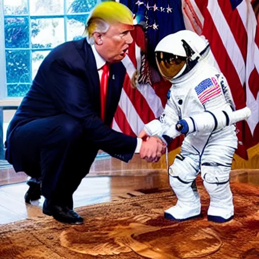 Image similar to donald trump shaking hands with astronaut cat