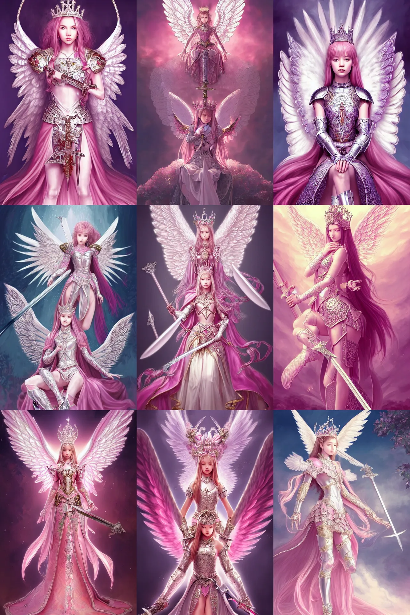 Prompt: gorgeous!! hyper - realistic princess wearing ornate pink knight armor, angel wings, angemon l sitting at the thrown, holding a long sword | divine, elegant | illustration, intricate, high detail, ultra graphics, daz | drawn by wlop, drawn by jeehyung lee, drawn by artgerm