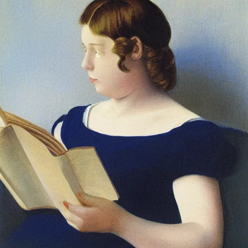 Prompt: a girl reading, vintage photo by magritte, by delacroix, strong lights, flat colors, pastel colors