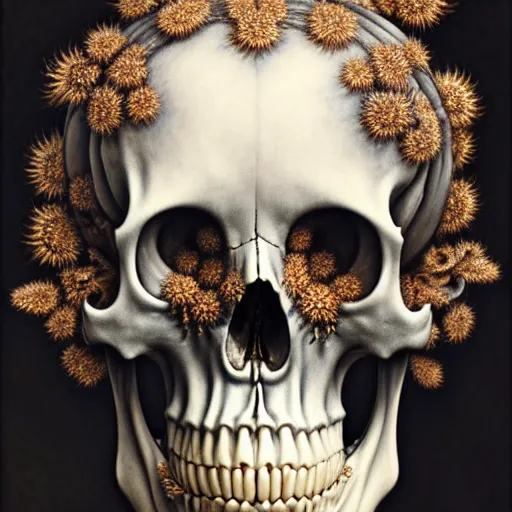 Image similar to detailed realistic beautiful ornate porcelain skull portrait by jean delville, gustave dore, iris van herpen and marco mazzoni, art forms of nature by ernst haeckel, art nouveau, symbolist, visionary, gothic, neo - gothic, pre - raphaelite, fractal lace, intricate alien botanicals, ai biodiversity, surreality, hyperdetailed ultrasharp octane render
