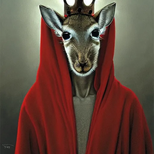 Prompt: portrait of a dik dik with red glowing eyes in hood and crown of thorns, dark fantasy, Warhammer, artstation painted by Zdislav Beksinski and Wayne Barlowe