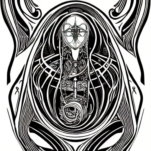 Prompt: a circular vector tattoo design in an art nouveau style, and in the style of h. r. giger.