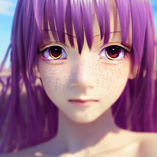 Image similar to Render of a very beautiful 3d anime girl, long hair, hazel eyes, cute freckles, purple hair, full round face, short smile, cute sundress, serene beach setting, medium shot, mid-shot, highly detailed, trending on Artstation, Unreal Engine 4k