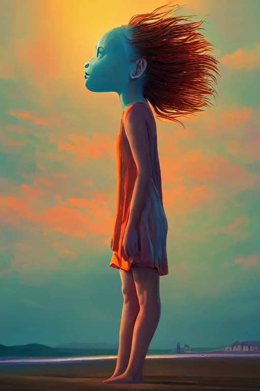 Image similar to closeup giant dahlia flower head, girl standing on beach, surreal photography, blue sky, sunrise, dramatic light, impressionist painting, digital painting, artstation, simon stalenhag