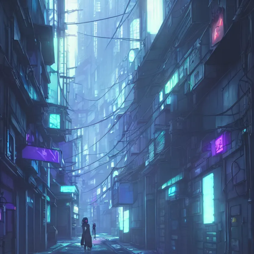 Image similar to city alleyway in the atmospheric cyberpunk anime film, gouache matte background painting, neon noir, at night with lights, by makoto shinkai, in the anime series ergo proxy, beautiful specular edge highlights and rim lighting