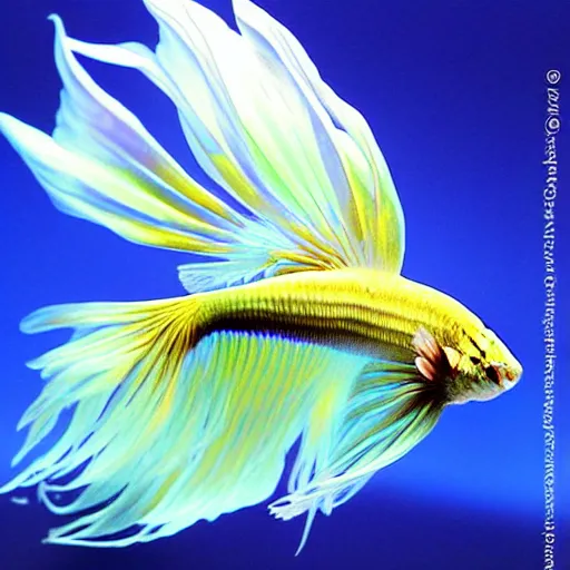 Prompt: a betta fish anthropomorphic angel, white and gold color palette, by Yoshitaka Amano, ethereal, dreamy, god rays