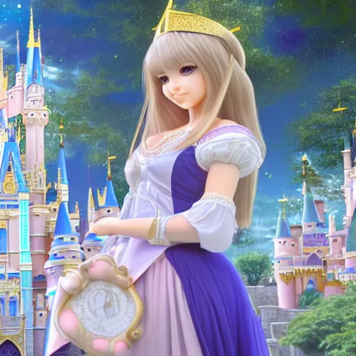 Image similar to a very detailed, ultra-realistic, pleasant, beautiful, funny, smooth 3D CG render, semirealistic anime style, close-up of a gorgeous, cute, gentle, noble priestess magician princess girl wearing dress and jewelry, in a glorious magic kingdom with castle and walls, relaxing calm vibes, fairytale, octane render