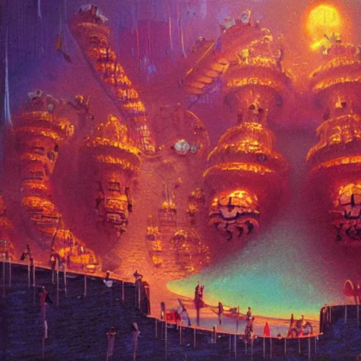 Prompt: a large water park in hell by paul lehr and moebius