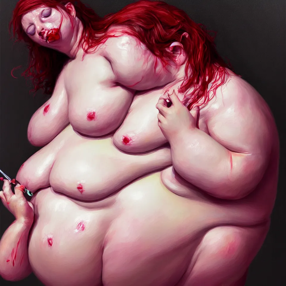 Image similar to bright realistic obese anorexic eating herself to death, fat and skinny, diffuse lighting, fantasy, intricate, elegant, highly detailed, lifelike, photorealistic, digital painting, artstation, illustration, concept art, smooth, sharp focus, art by francis bacon