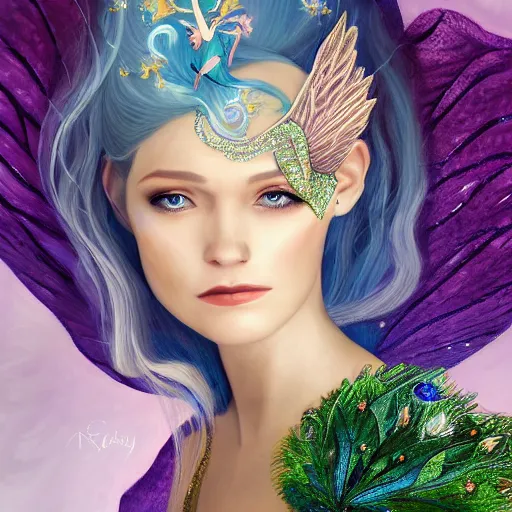 Prompt: detailed portrait of a fairy queen with wings wearing a magic silk robe, pixie, iris, realism, emerald, galaxy, sapphire,blonde hair going down to the floor, moonlit, wearing a bejeweled mask, dark fantasy, dramatic lighting, cgsociety, artstation