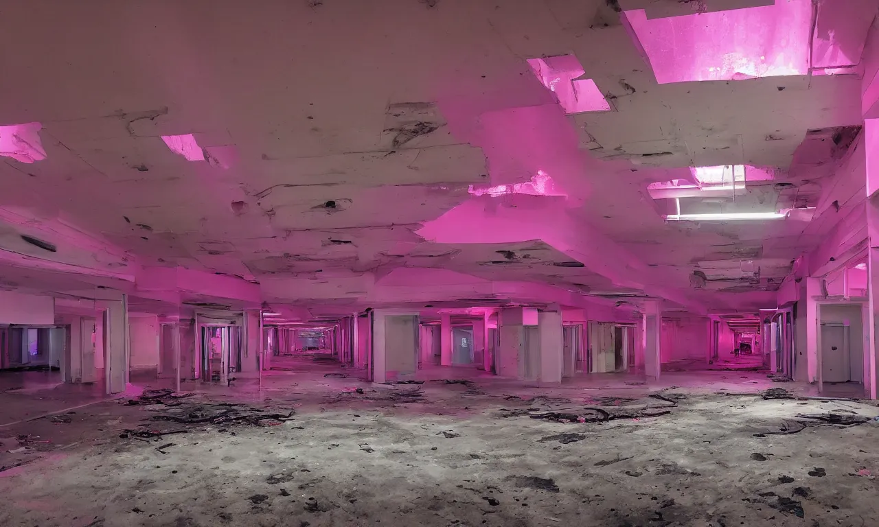 Image similar to backrooms abandoned mall, ominous neon pink and purple vaporwave lighting, moldy walls and shallow water, shadowy tall figures in the distance